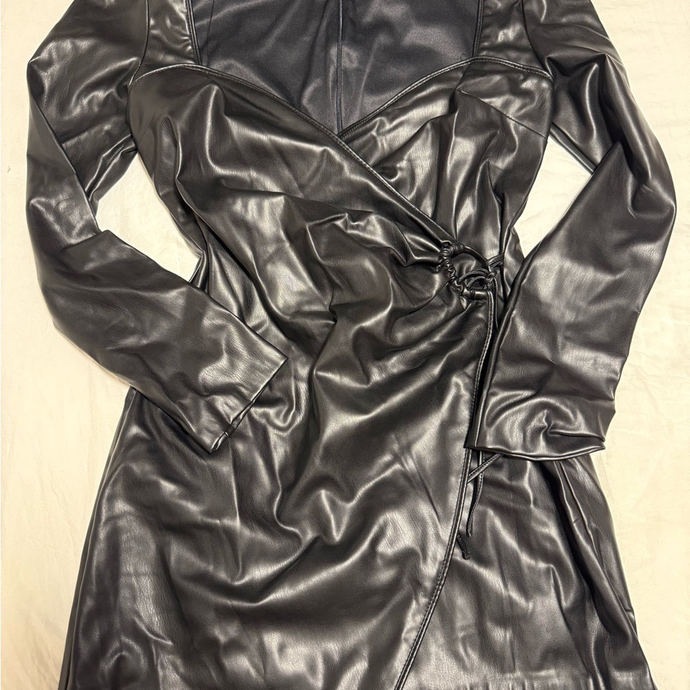 Zara Black Faux Leather Wrap Dress